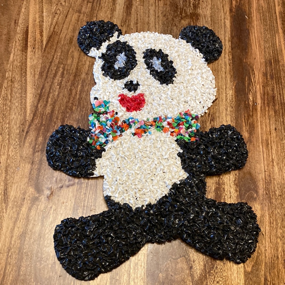 Vintage melted plastic popcorn panda in rainbow bow tie! Great condition